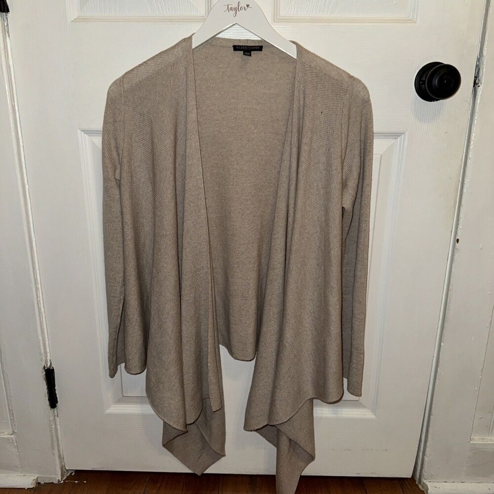 Eileen Fisher 100% Merino Wool Tan‎ Open Cardigan Sweater Size SP Petite Small